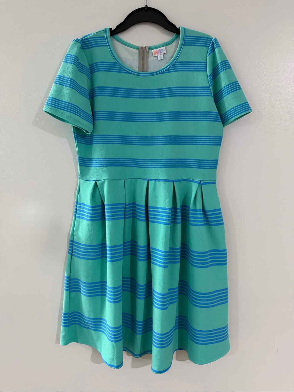 LulaRoe Green Blue Striped Textured Pleated Women's Plus 2XL Midi Casual Dress